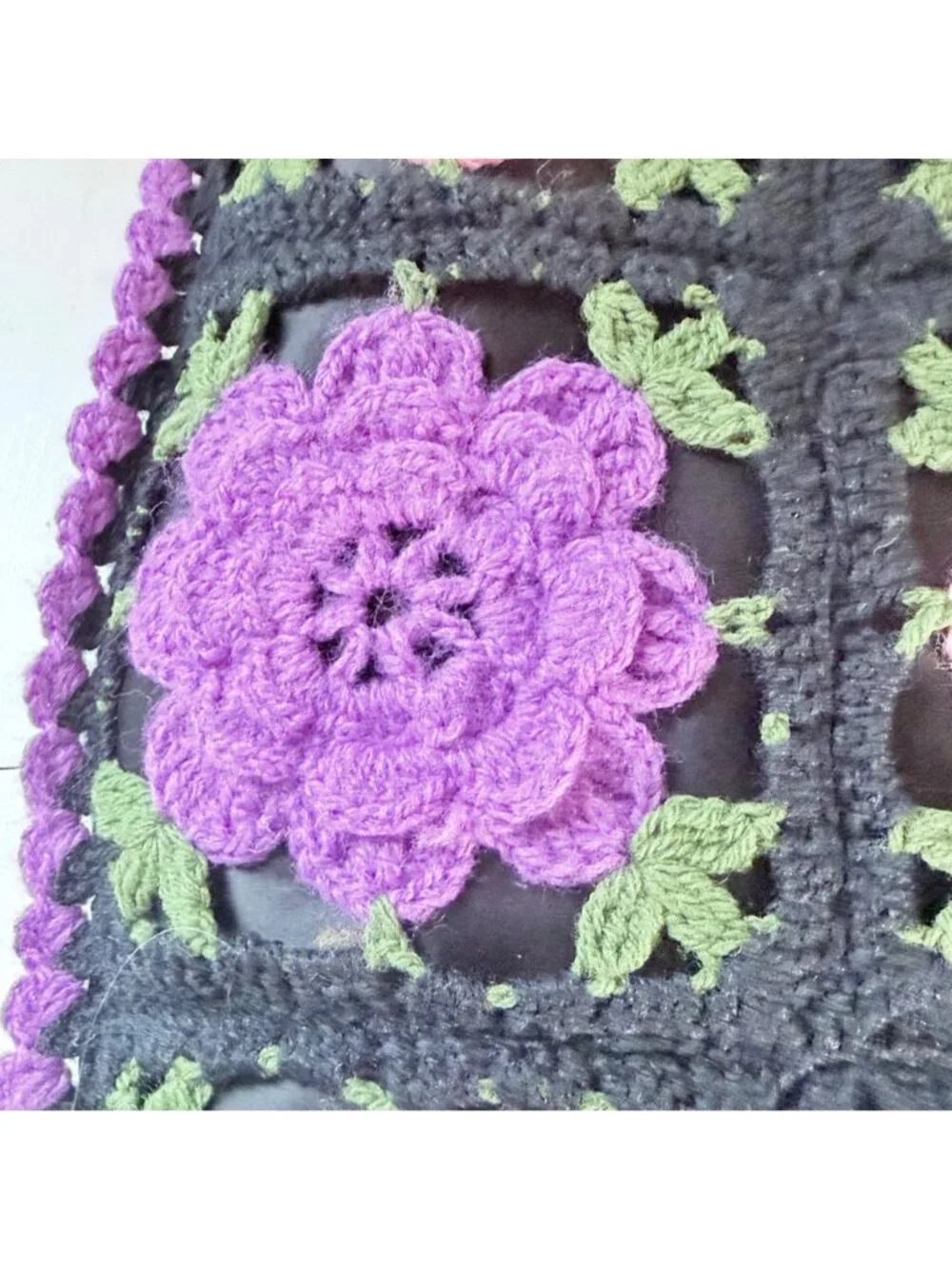 Handmade Crochet 3D Floral Granny Square Throw Pillow Purple Pink Black 16x16